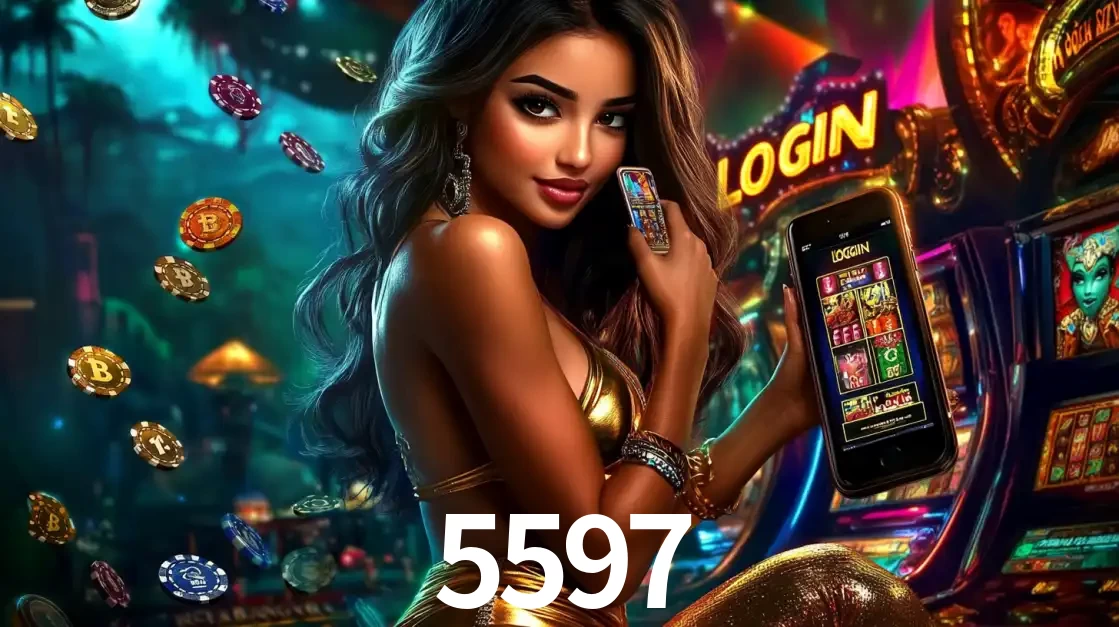 Mulher em um cenário de cassino temático de aventura, mostrando o app de caça-níqueis da 5597 no celular. Fichas de apostas flutuam ao redor.