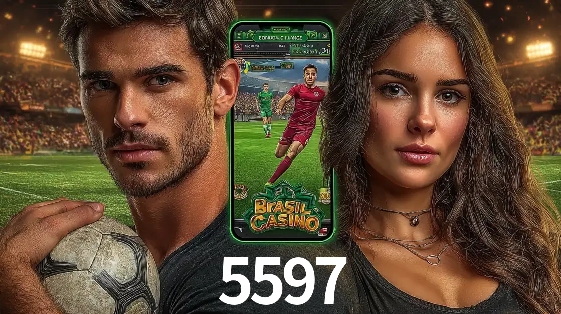 Homem segurando uma bola de futebol e uma mulher ao lado de um smartphone exibindo o jogo de apostas esportivas da 5597. Faça seu palpite no cassino online.